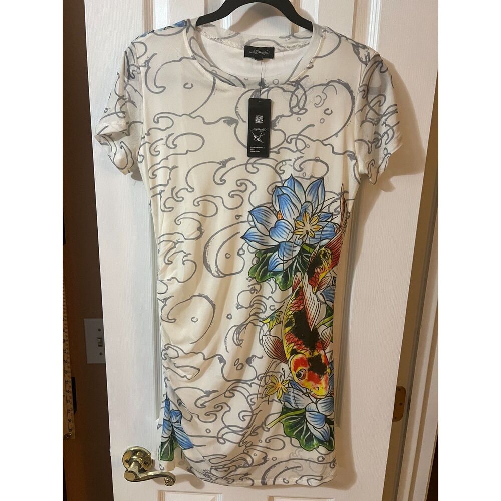 Ed Hardy Womens Ruched Bodycon Mini Dress Ivory Tattoo Koi Fish Lotus Mesh Large